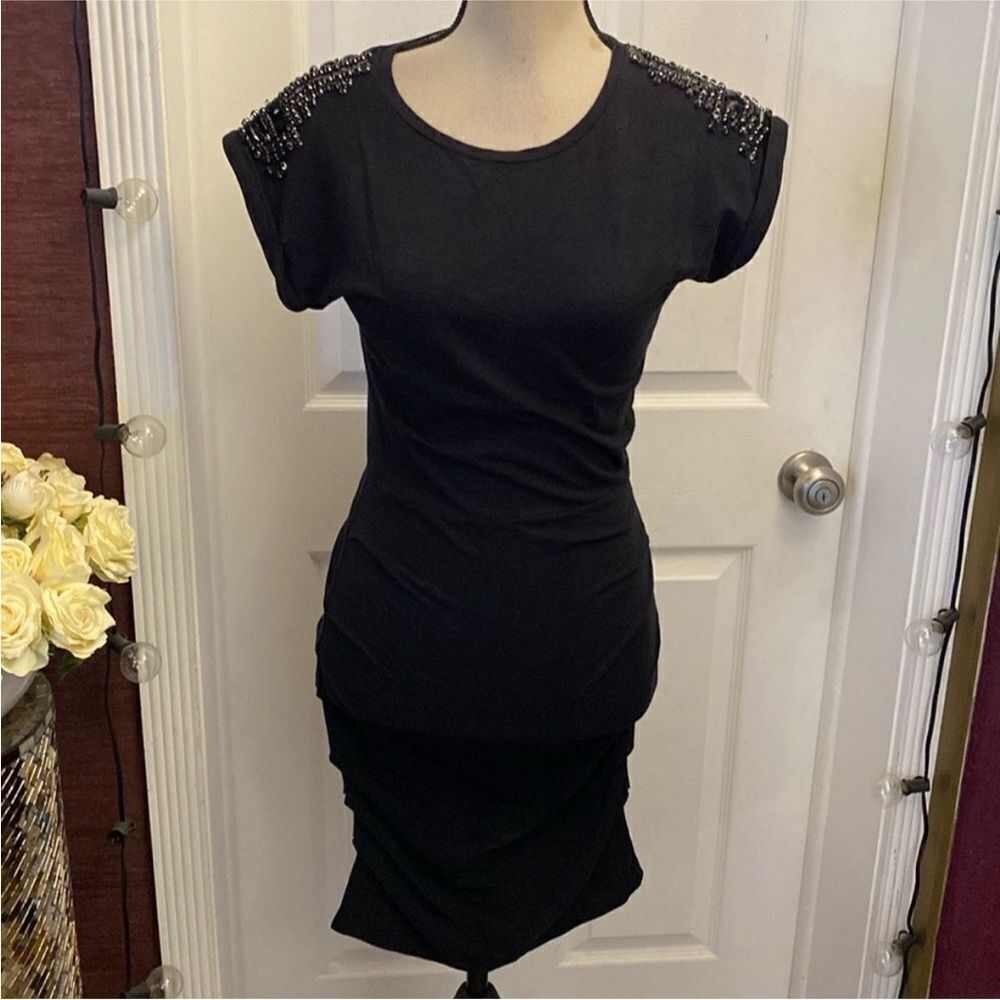 Maje Black Dress with Embellished Shoulders, S